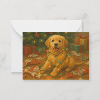 Cartão De Notas Golden Retriever Puppy in Christmas Lights Card