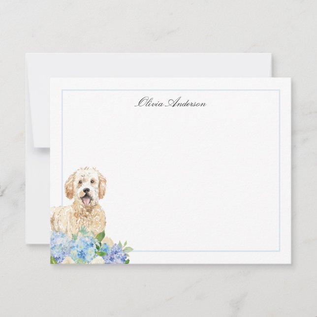 Cartão De Notas Goldendoodle Blue Hydrangea Personalizada (Frente)