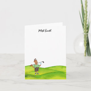 Cartão De Notas Golfista com carrinho de golfe no nome verde para