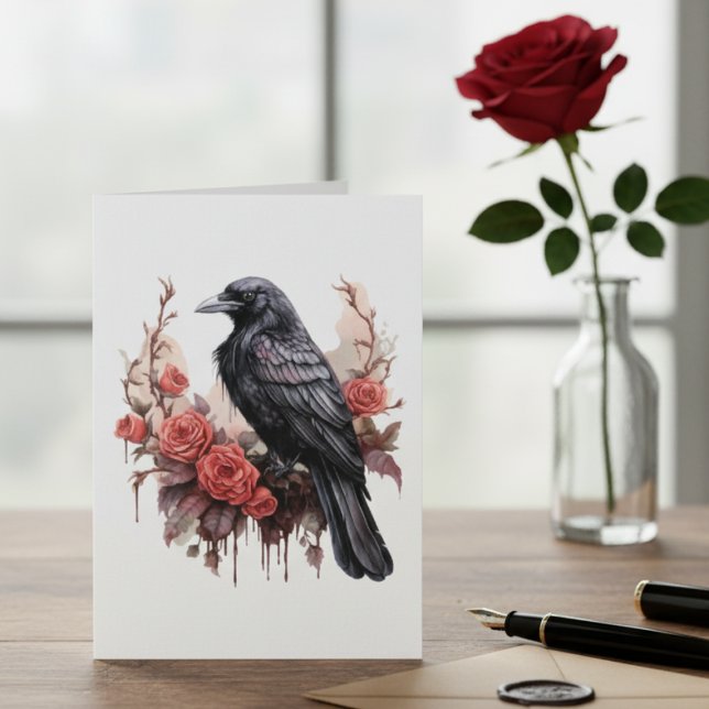 Cartão De Notas Gothic Raven Red Rose Dark Academia (Black raven with roses blank note card)