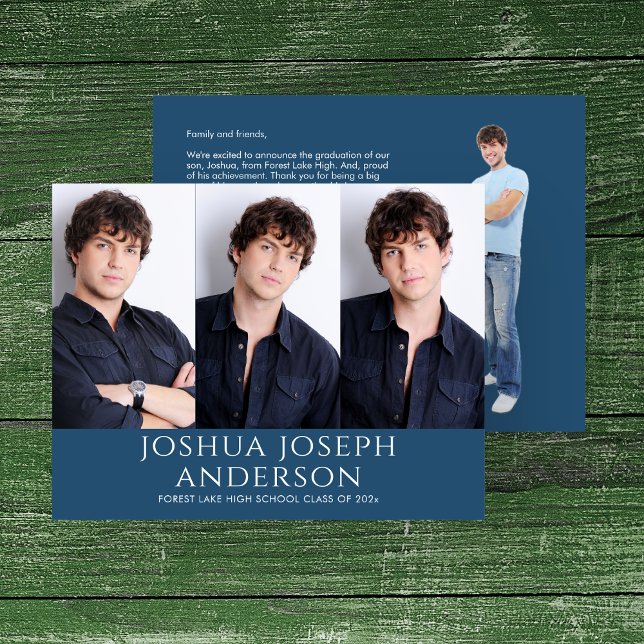 Cartão De Notas Graduação sofisticada - Azul Real Com Três Fotos (Criador carregado)