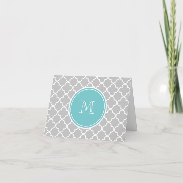 Cartão De Notas Gray Quatrefoil Pattern, Teal Monogram (Frente)
