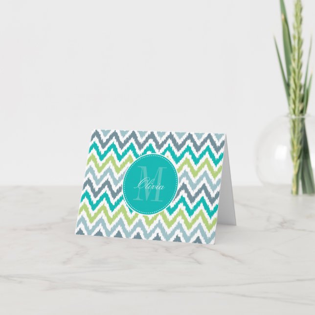 Cartão De Notas Gray Teal Green Zigzag Ikat Pattern (Frente)