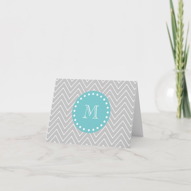Cartão De Notas Gray & Teal Modern Chevron Custom Monogram (Frente)
