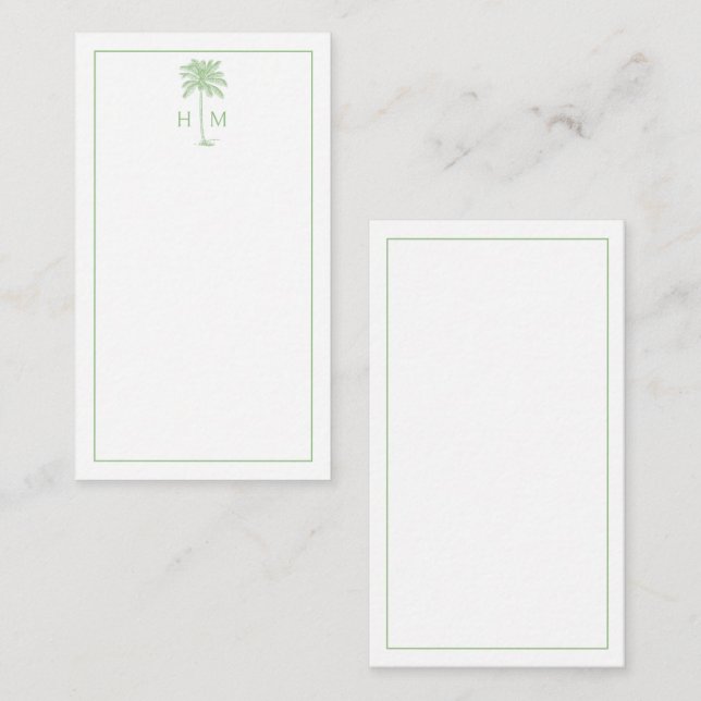 Cartão De Notas Green and White Palm Palmetto Tree Monogram (Frente/Verso)