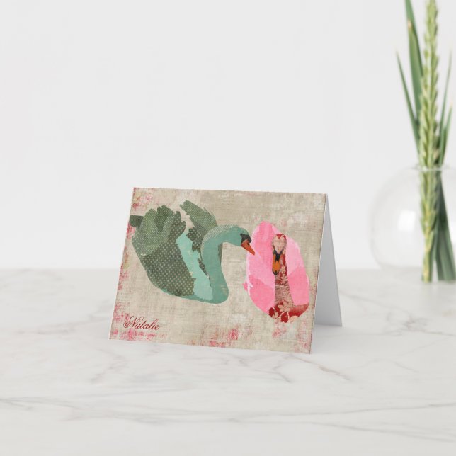 Cartão De Notas Grunge Pink & Olive Swans Personalized Notecard (Frente)