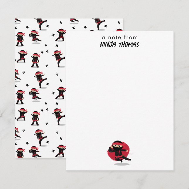 Cartão De Notas Guerreiro Ninja Fofo Preto e Vermelho Nome Persona (Frente/Verso)