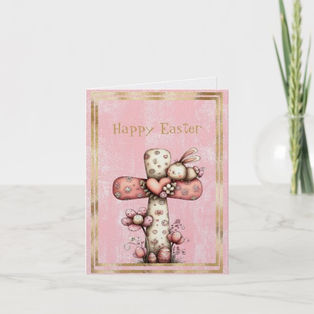 Cartão De Notas Happy Easter Cross Bunny Flowers Eggs (Frente)