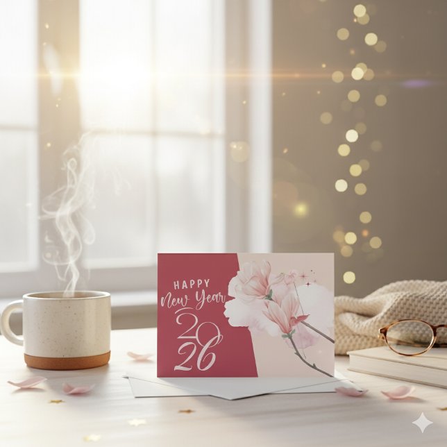 Cartão De Notas Happy New Year 2026 Floral Elegant Magnolia Design (Criador carregado)