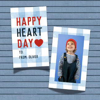 Cartão De Notas Heart Day Blue Gingham Valentine's Classroom Card