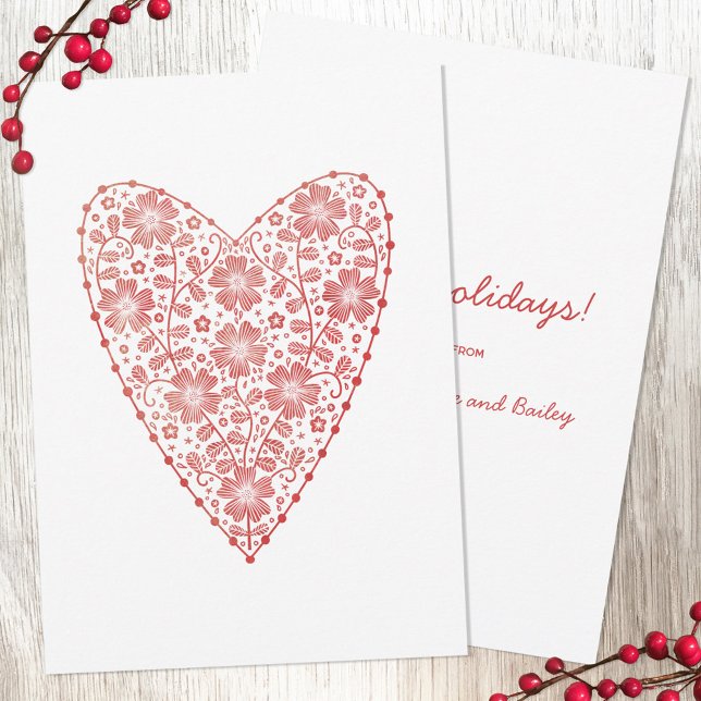 Cartão De Notas Heart Scandinavian Red Winter Holiday (Scandinavian folk style red and white floral heart Christmas note cards with custom text and names)