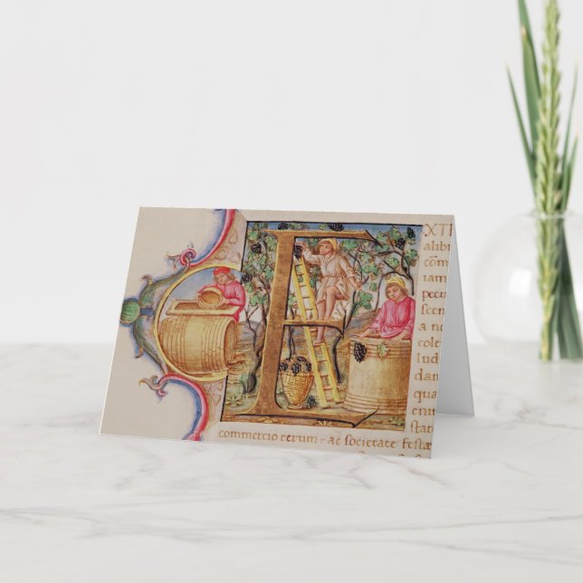 Cartão De Notas Historiated initial 'E' depicting grape picking (Frente)