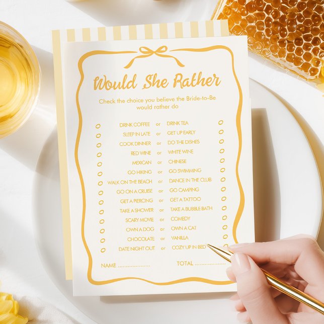 Cartão De Notas Honey Bridal Shower Would She Rather Game Card (Criador carregado)