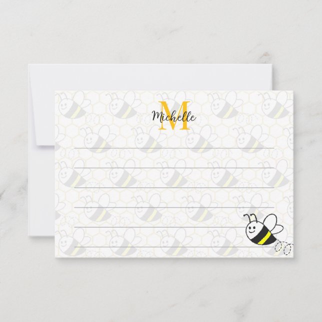Cartão De Notas Honeybee Honeycomb Drawing Custom Lined Monogram (Frente)