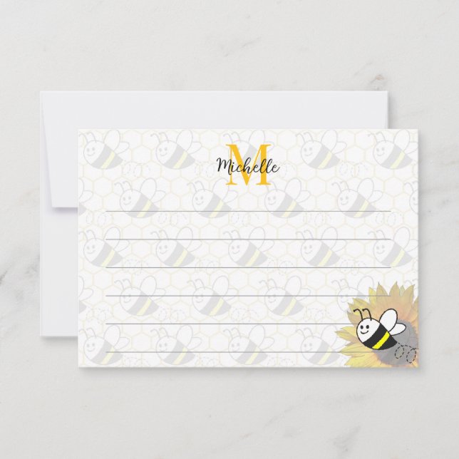 Cartão De Notas Honeybee Sunflower Drawing Custom Lined Monogram (Frente)