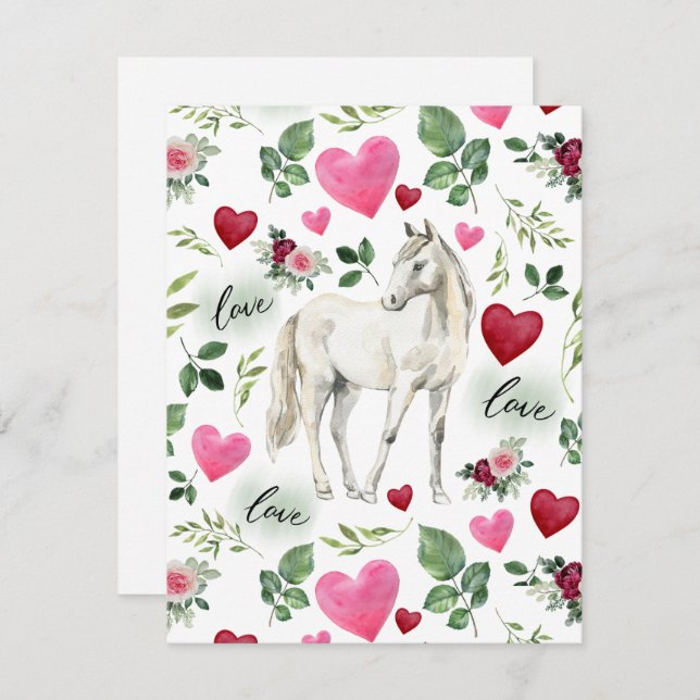 Cartão De Notas Horse Love Valentine’s Day Card in White (Frente/Verso)