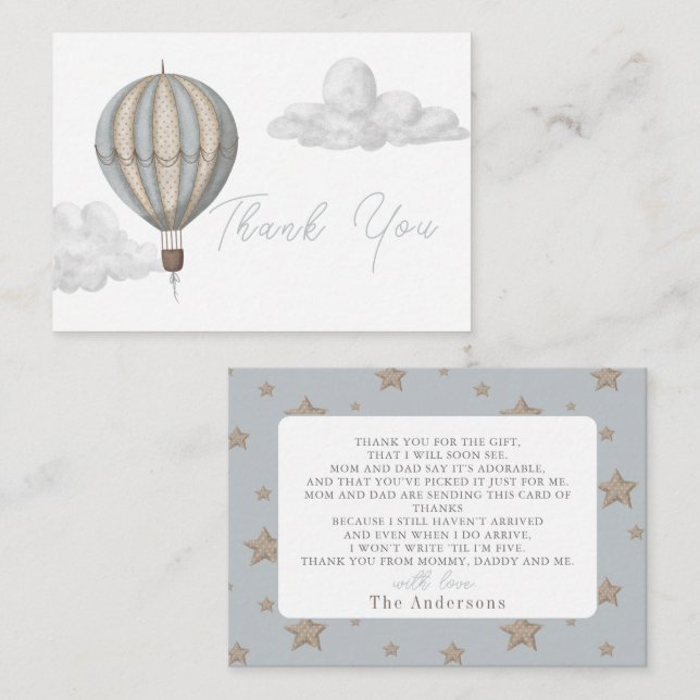 Cartão De Notas Hot Air Balloon Boy Baby Shower Thank You (Frente/Verso)