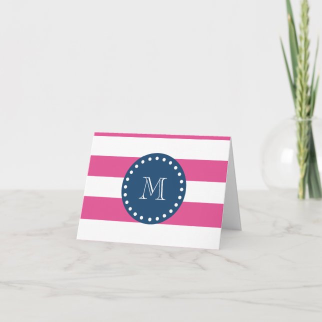 Cartão De Notas Hot Pink Stripes Pattern, Navy Blue Monogram (Frente)
