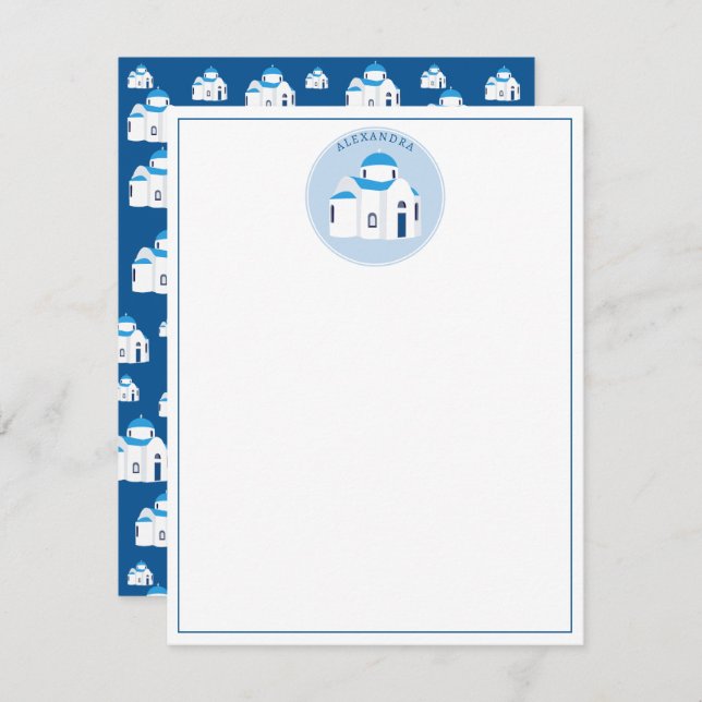 Cartão De Notas Ilha Grega Santorini Igreja de Cúpula Azul Monogra (Frente/Verso)