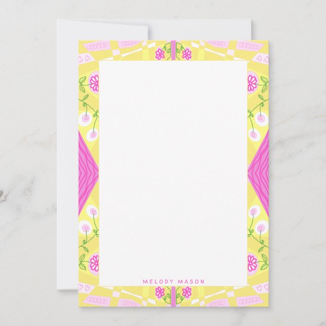 Cartão De Notas Ilustração Bohemian Chintz Nome Amarelo Cor-de-Ros (Frente)
