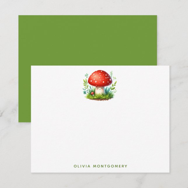 Cartão De Notas Ilustração do Cogumelo Feliz Gorro Vermelho Nome P (Frente/Verso)
