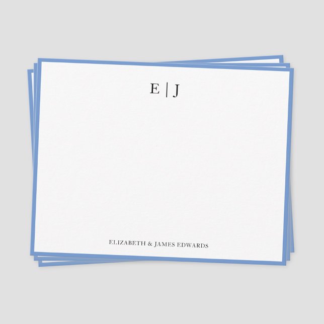 Cartão De Notas Iniciais de Monograma de Borda Azul Personalizados (Blue border simple couple monogram note card)