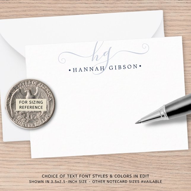 Cartão De Notas Iniciais de Script Azul do Marinho do Monograma Mo (Criador carregado)