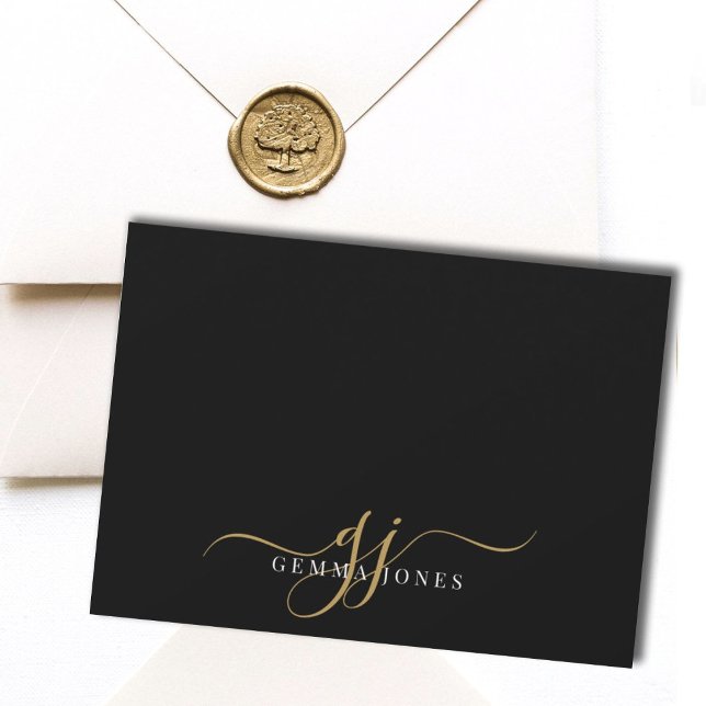 Cartão De Notas Iniciais de Script do Monograma Chic Dourado Preto (Criador carregado)