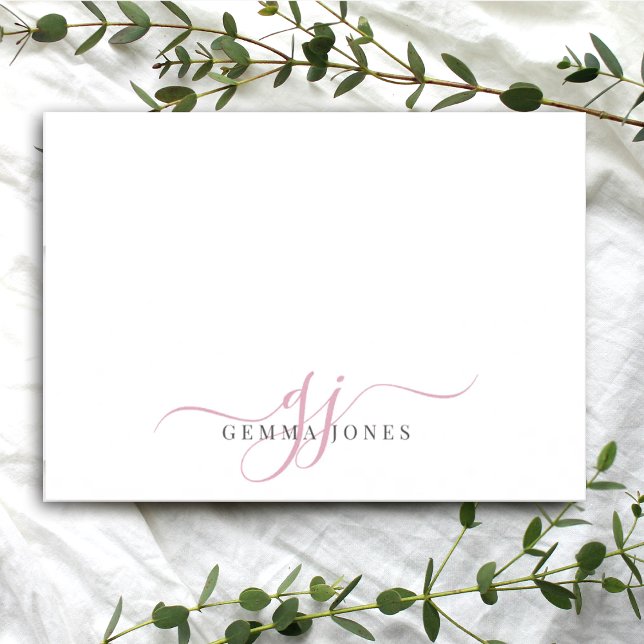 Cartão De Notas Iniciais de Script Rosa do Monograma Chic (Criador carregado)