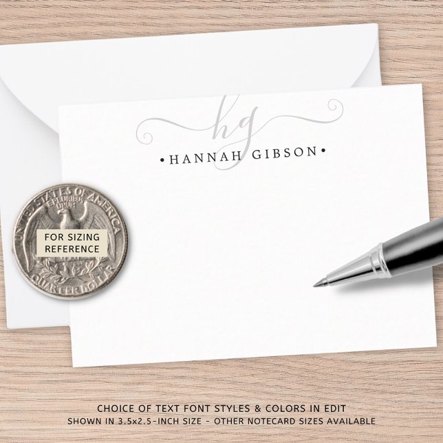 Cartão De Notas Iniciais de Script Silver do Monograma Moderno (Criador carregado)