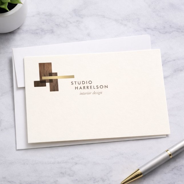 Cartão De Notas Interior Designer Wood Gold Logo Ivory Notecard (Criador carregado)