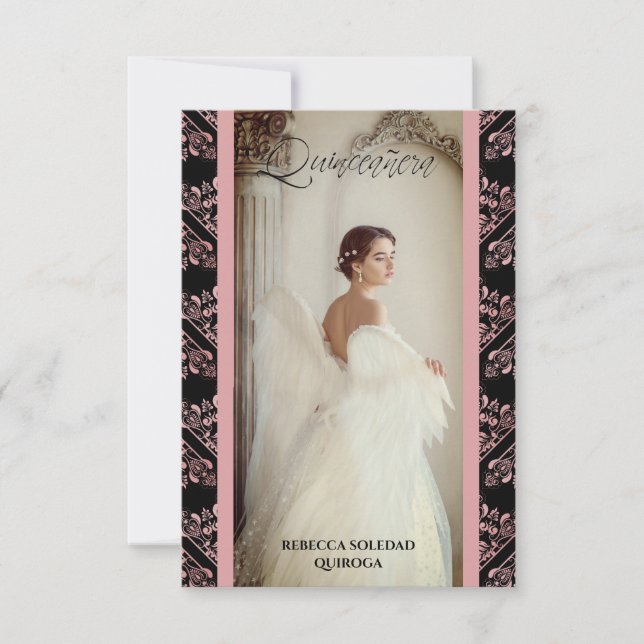 Cartão De Notas Invitación Quinceañera Foto Damasco Rosa Español (Frente)
