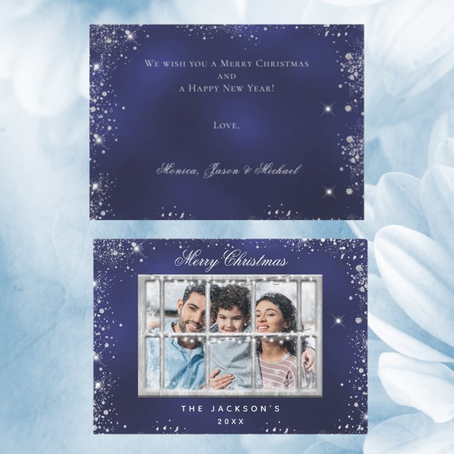 Cartão De Notas Janela de fotos da luz azul de Natal (Criador carregado)