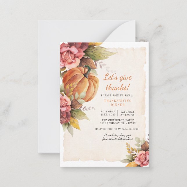 Cartão De Notas Jantar de Ação de Graças de Abóbora Rústica (Frente)