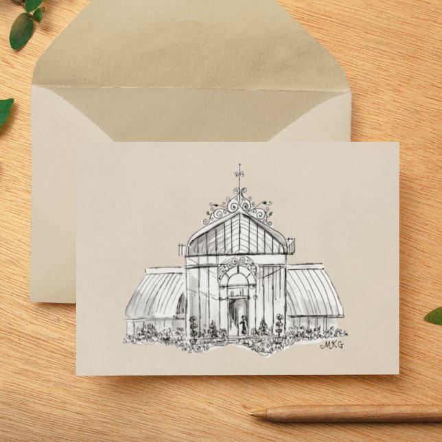 Cartão De Notas Jardim Botânico Vitoriano de Estufa Arte Elegante (This ink drawing of a Victorian greenhouse is lovely on a kraft background as well as classic white.)