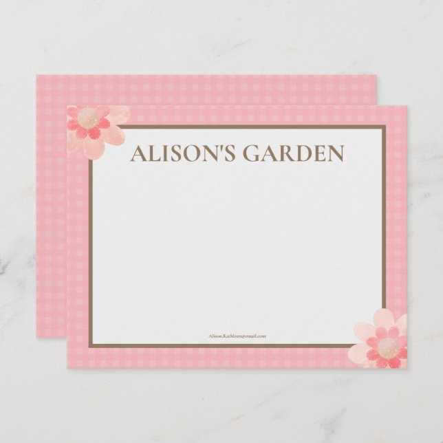 Cartão De Notas Jardim de Aquarela de Gingham, Rosa Elegante (Frente/Verso)
