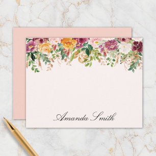 Cartão De Notas Jardim de Rosas em Aquarela com Monograma Elegante