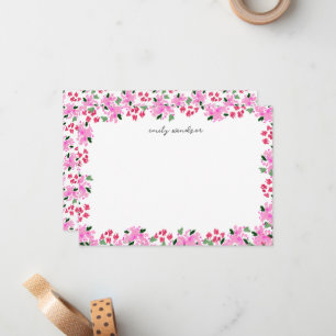Cartão De Notas Jardim Floral Aquarela Fúcsia Personalizado