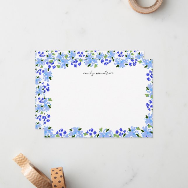 Cartão De Notas Jardim Floral de Cor Azul Personalizado (Frente/Verso In Situ)