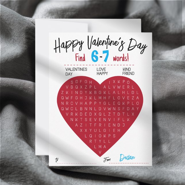 Cartão De Notas Kids Six Seven Valentine Word Search Heart Class (Heart Word Search Valentine’s Day Card Editable Name Perfect for Students & Teachers)