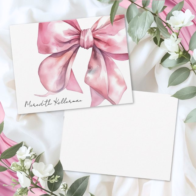 Cartão De Notas Laço Rosa Personalizado Obrigada (Personalized Pink Bow Thank You Note Card)