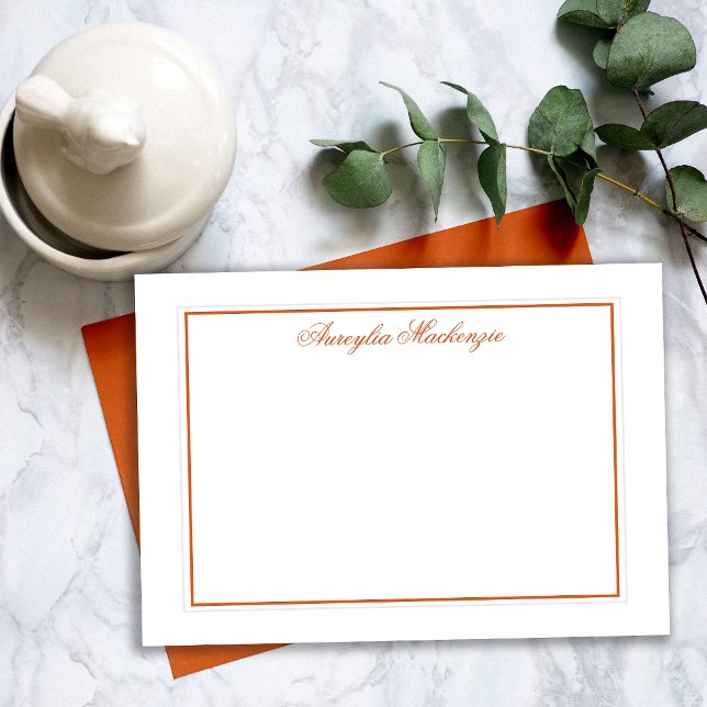 Cartão De Notas Laranja e Branco queimados por retrô elegante, per (Elegant Retro Burnt Orange and White Personalized Note Card)