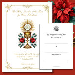 Cartão De Notas Lembrança das intenções de missa católicas<br><div class="desc">Envie um presente de oração e lembrança sincera nesta temporada de Natal com este cartão de Oferta de missa católica maravilhosamente desenhado. Apresentando uma imagem espantosa de um cálice de ouro e de um hospedeiro, os símbolos centrais do Santo Eucarista, rodeado por vibrantes poinsetos vermelhos, este cartão captura o espírito...</div>