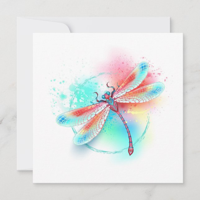 Cartão De Notas libélula vermelha sobre fundo de aquarela (Frente)