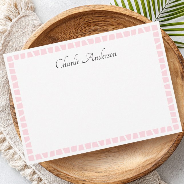 Cartão De Notas Light pink mosaic border name white (Light pink mosaic border name white note card)