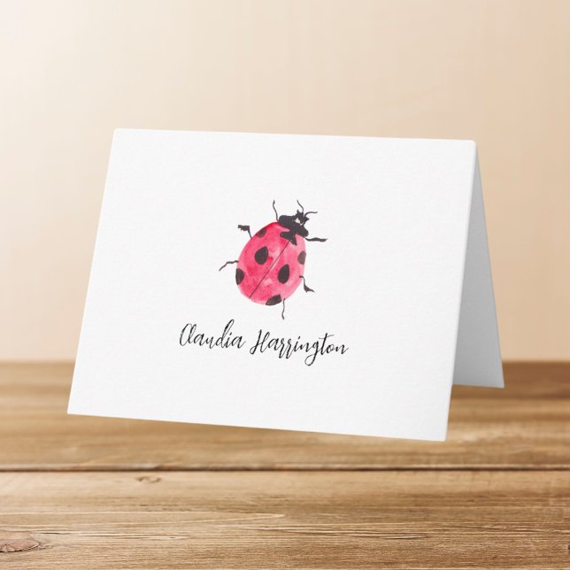 Cartão De Notas Linda Aquarela Ladybug Arte Natural Pinta À Mão (This red and black ladybug is a tiny piece of nature art -- it was lovingly hand-painted on paper.)