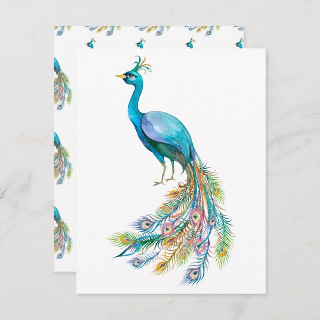 Cartão De Notas Linda ilustração de pavão azul-aquarela (Frente/Verso)