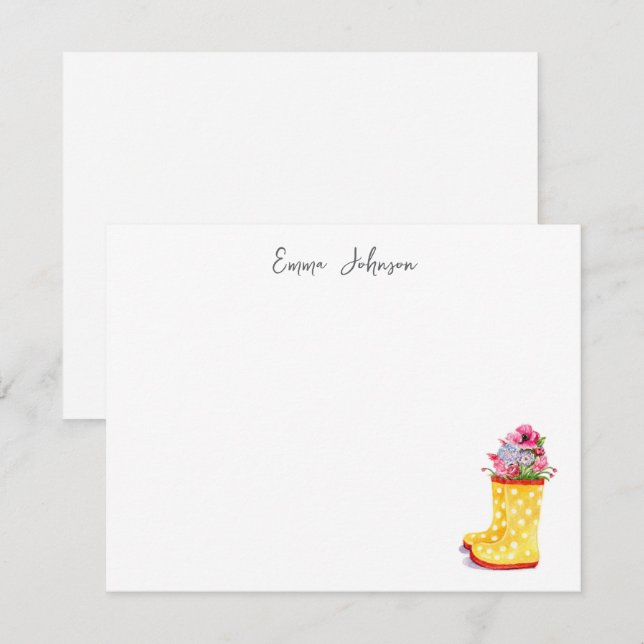 Cartão De Notas Lindas flores em aquarela em botas de chuva (Frente/Verso)