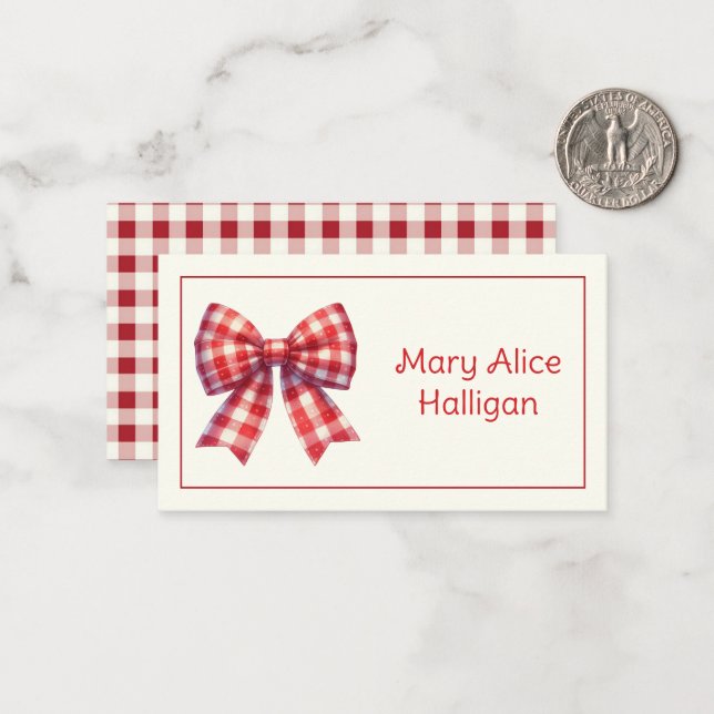 Cartão De Notas Lindo Laço Xadrez Vermelho e Creme (Frente/Verso In Situ)