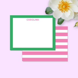 Cartão De Notas Listras Rosa Charmosas e Verde Brilhante Menina Bo